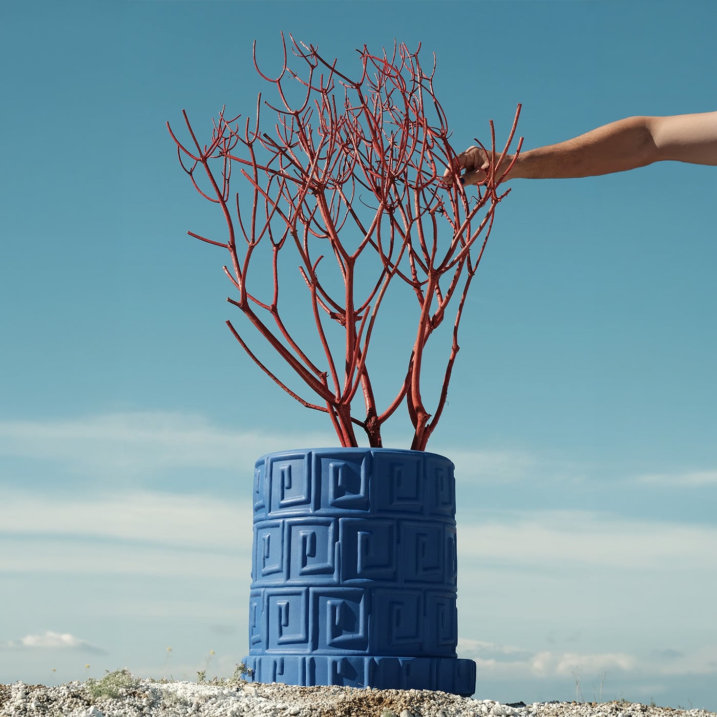 Seletti Terracotta Vase with Saucer Greca Blue Vaso